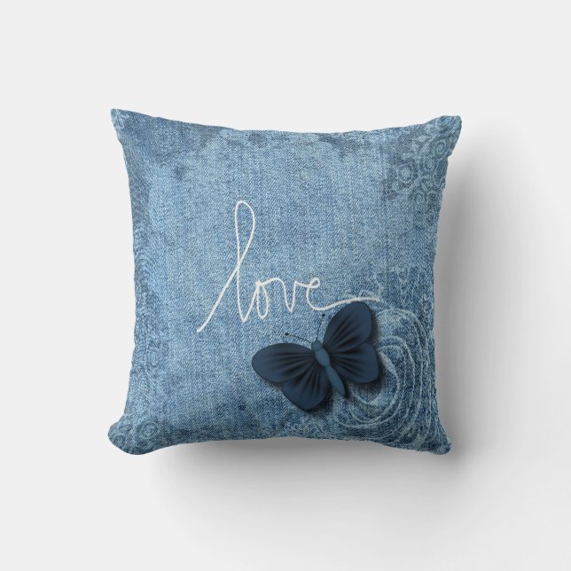 Blue Denim Sweet Butterfly Love Kussen (Voorkant)