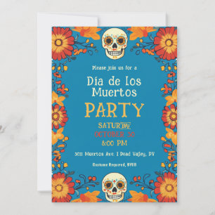 💀🎉 Blue Día de Muertos Party Uitnodiging