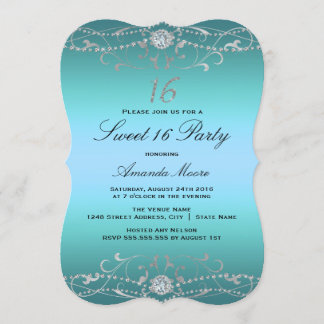 Blue Diamond Damask Sweet 16 Uitnodiging