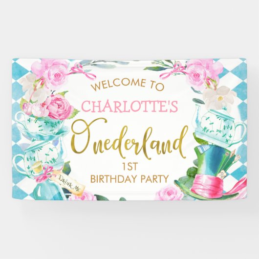 Blue Diamond Floral Alice in Onederland Spandoek (Horizontaal)