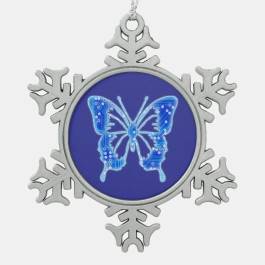Blue Digital Butterfly, achtergrond aanpassen Tin Sneeuwvlok Ornament (Voorkant)