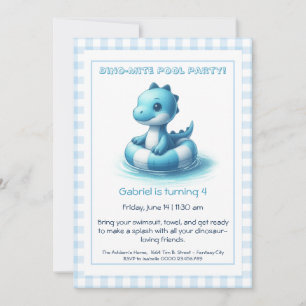 Blue Dino-Mite Verjaardag Pool Party Uitnodiging