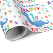Blue Dinosaur 1st Birthday Cadeaupapier (Rol Hoek)