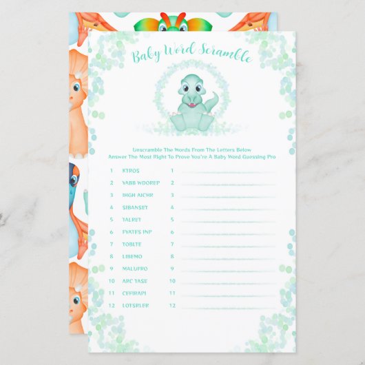 Blue Dinosaur Baby Word Scramble Baby shower Game (Voorkant / Achterkant)