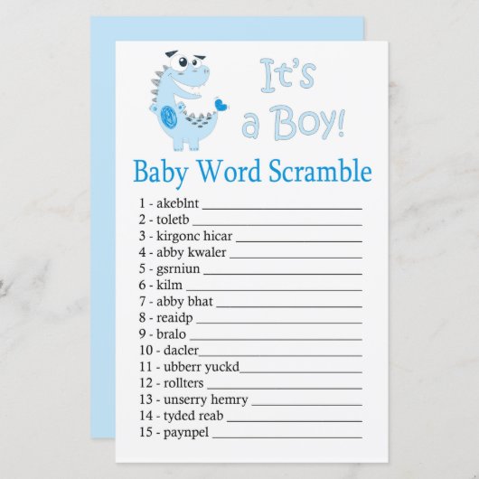 Blue Dinosaur Baby word scramble game (Voorkant / Achterkant)