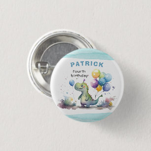 Blue Dinosaur Boy Waterverf Verjaardag Ronde Button 3,2 Cm