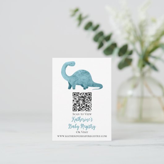 Blue Dinosaur QR Code Baby Registry Informatiekaartje (Staand voorkant)