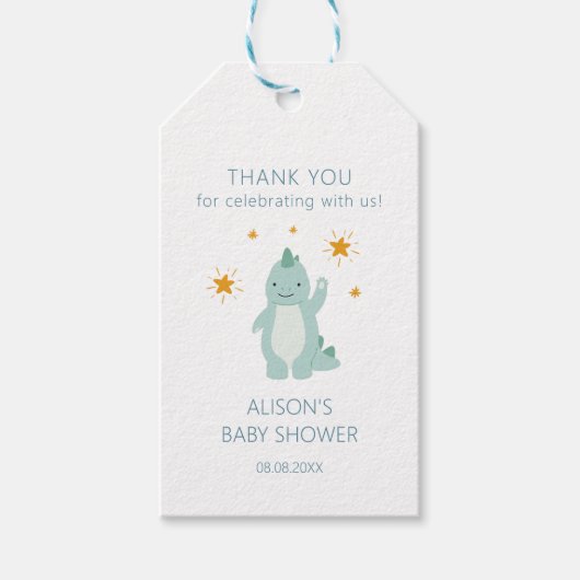 Blue Dinosaur Twinkle Stars Baby Boy Cadeaulabel (Voorkant)