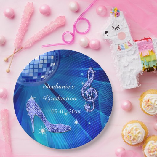 Blue Disco Ball and Heels Afstuderen Papieren Bordje (Feest)
