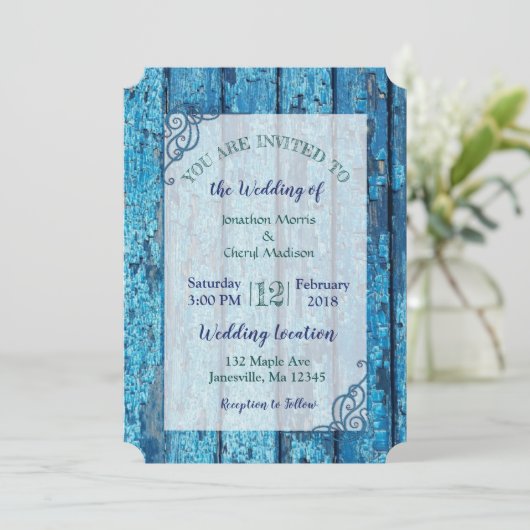 Blue Distressed Weathere Bois Wedding Invitations (Debout devant)