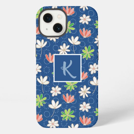 Blue Ditsy Floral Monogram iPhone Hoesje (Achterkant)