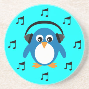 Blue DJ Penguin, headphones en muzikale notities Zandsteen Onderzetter