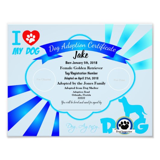 Blue Dog Adoption Certificate Foto Afdruk (Voorkant)
