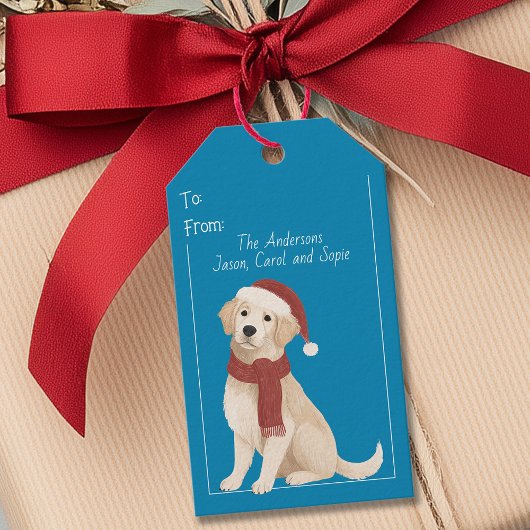 Blue Dog Illustration Santa Hat Christmas Gift Lab Cadeaulabel