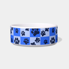 Blue Dog Paw Print Checkerboard Voerbakje