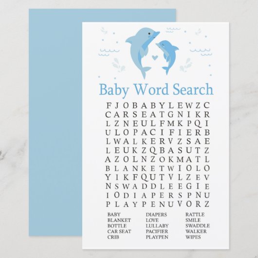 Blue Dolphin Baby shower Word Search Game (Voorkant / Achterkant)