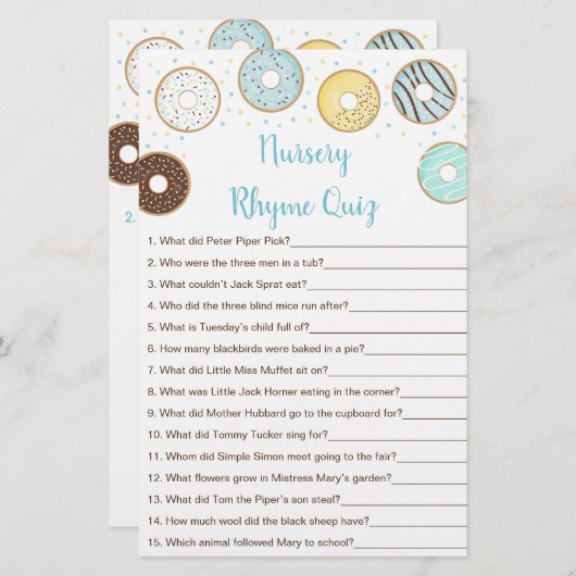 Blue Donut Baby shower Nursery Rhyme Game (Voorkant / Achterkant)