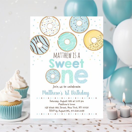 Blue Donut Sweet One First Birthday Kaart