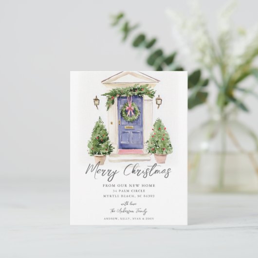 Blue Door Rustic Christmas New Home Card Aankondigingskaart (Staand voorkant)