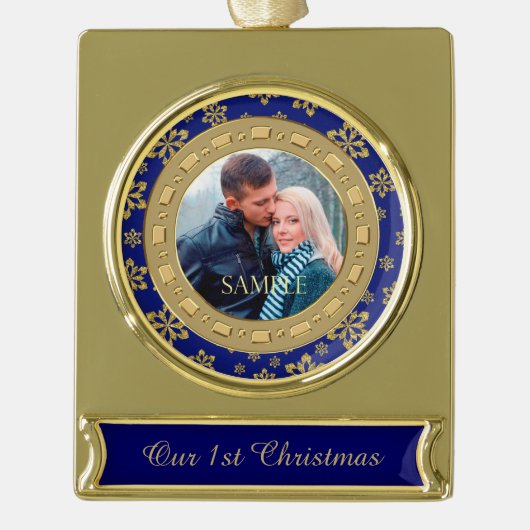 Blue Double Lijst Snowflake First Kerstmis Verguld Banner Ornament (Voorkant)