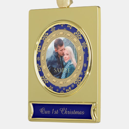 Blue Double Lijst Snowflake First Kerstmis Verguld Banner Ornament (Links)