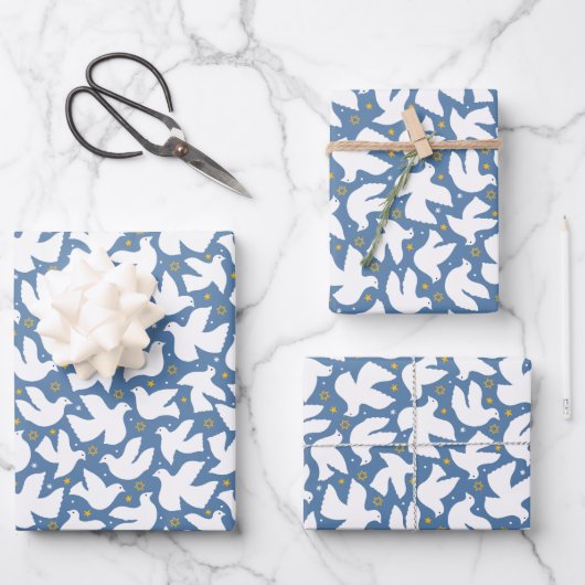 Blue Dove Hanoukka Star of David Wrapping Papier (Recto)