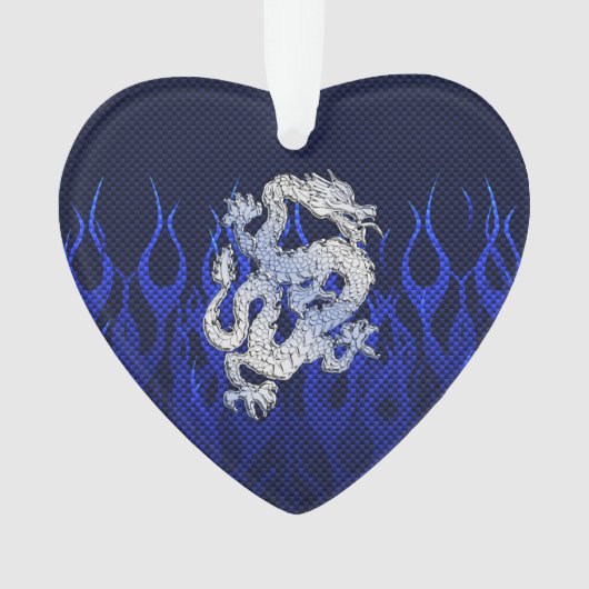 Blue Dragon in Chrome Carbon racing vlammen Ornament (voorkant)