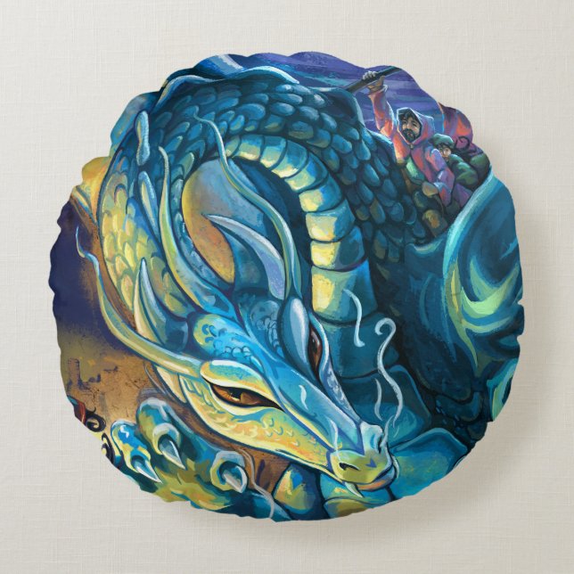 Blue Dragon Rider Rond Kussen (Voorkant)