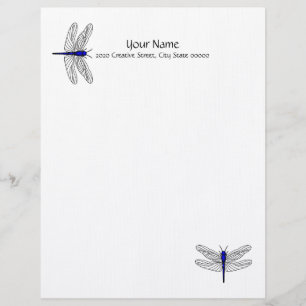 Blue Dragonfly Letterhead Linen Briefpapier Gepersonaliseerd Briefhoofd