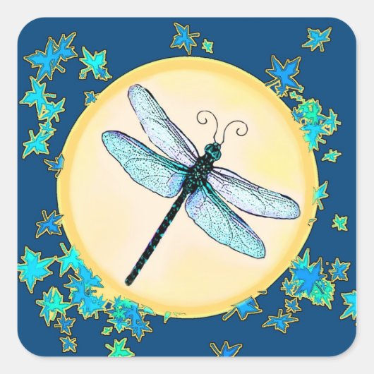 Blue Dragonfly met bladeren Stickers (Voorkant)