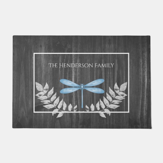 Blue Dragonfly Rustic Personalized Doormat Deurmat (Voorkant)