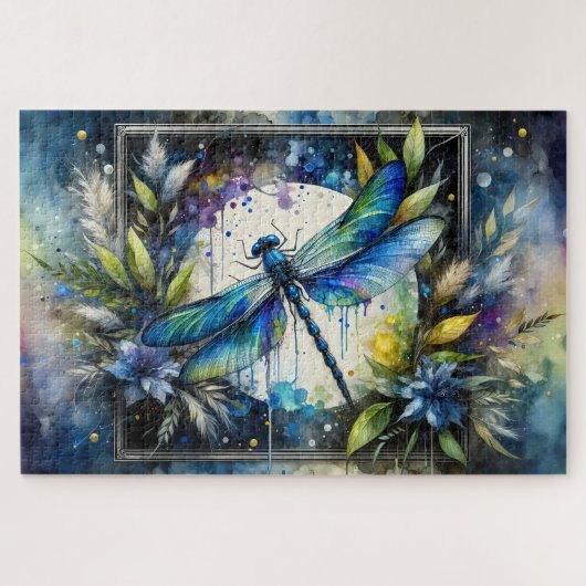 Blue Dragonfly Watercolor Botanical Legpuzzel (Horizontaal)