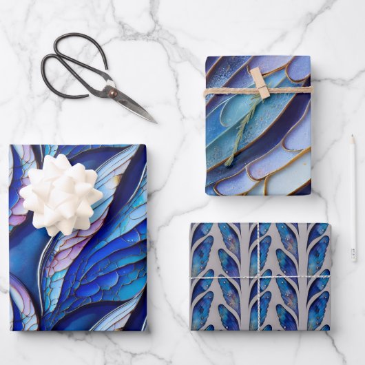 Blue Dragonfly Wings Wrapping Paper Flat Set van 3 (Voorkant)