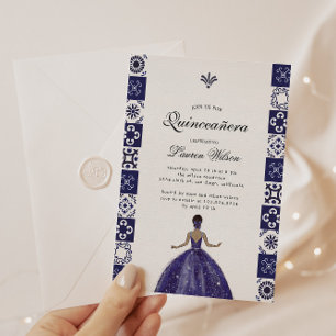 Blue Dress Artistieke Tegels Quinceañera Uitnodigi Kaart