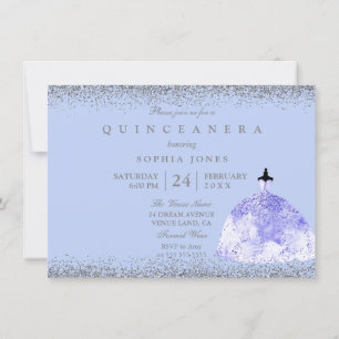 Blue Dress Silver Glitter Quinceanera Party Invite Kaart