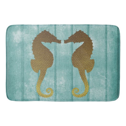 Blue Driftwood met Gold Seapaarden Bath Mat (Voorkant)