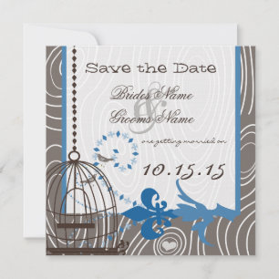 Blue Driftwood Wood Grain Bird Cage Save Date Kaart