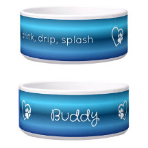 Blue 'drink drip splash' Dog Name Bowl