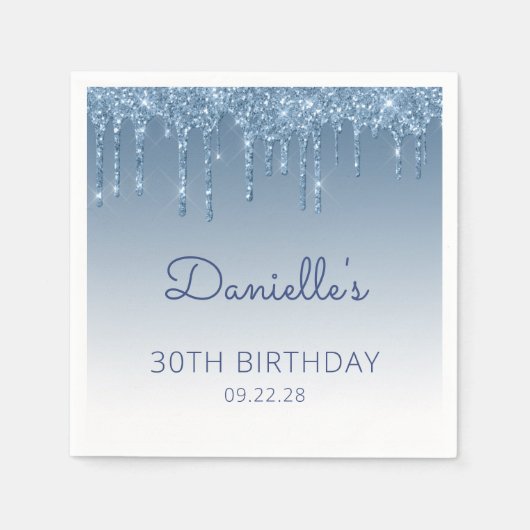 Blue Dripping Glitter Glam 30e verjaardagsfeest Servet (Voorkant)