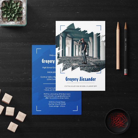 Blue Edgy Abstract Afstuderen penseelfoto Kaart