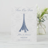 Blue Eiffel Tower Damask slaat de datum op Aankondiging (Staand voorkant)