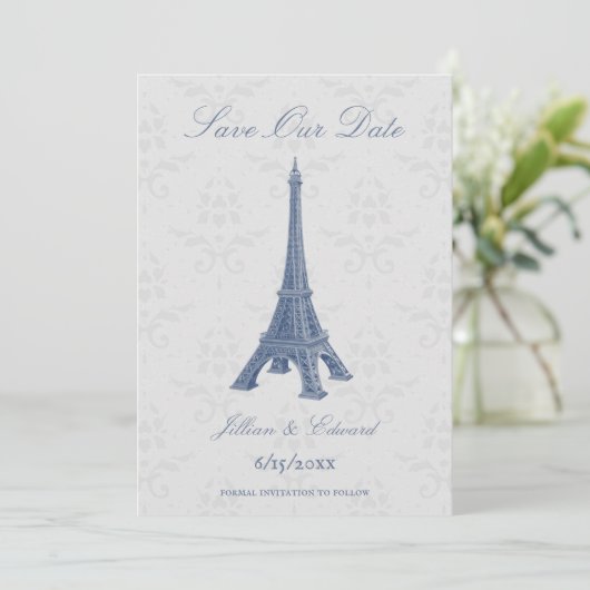 Blue Eiffel Tower Damask slaat de datum op Aankondiging (Staand voorkant)