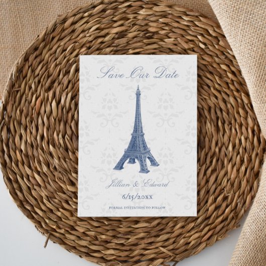 Blue Eiffel Tower Damask slaat de datum op Aankondiging