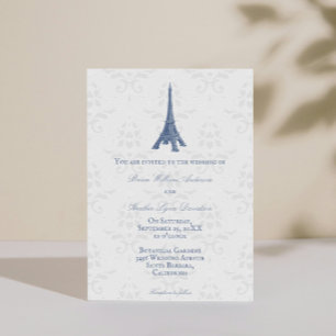 Blue Eiffel Tower Damask Wedding Uitnodiging