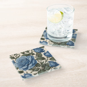 Blue Elegance:  provinciale Rozen in bloei Glazen Onderzetter