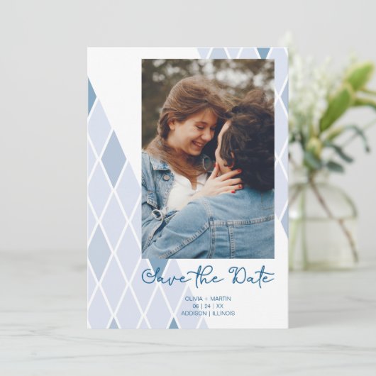 Blue Elegant Abstract Photo Sophisticated Wedding Save The Date (Staand voorkant)