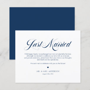 Blue Elegant Bold Calligraphy Just Married Kaart