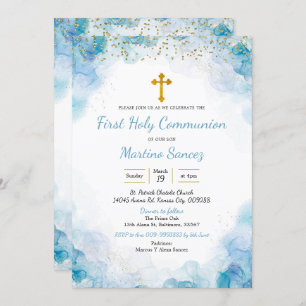 Blue Elegant Cross first communique Invitation Kaart
