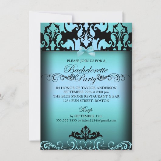 Blue Elegant Damask Bachelorette Party Invitation (Devant)