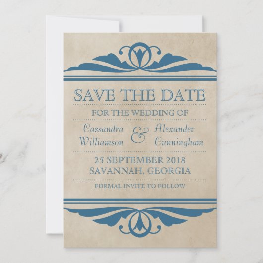 Blue Elegant Deco Save the Date Invite (Voorkant)